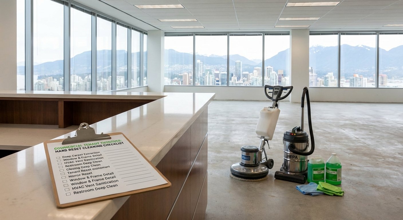 Commercial cleaning equipment in a Metro Vancouver office with the city skyline behind it